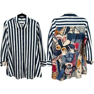 Shana Womens Navy Blue Striped Artsy Abstract Button Down Shirt Top Tunic Medium